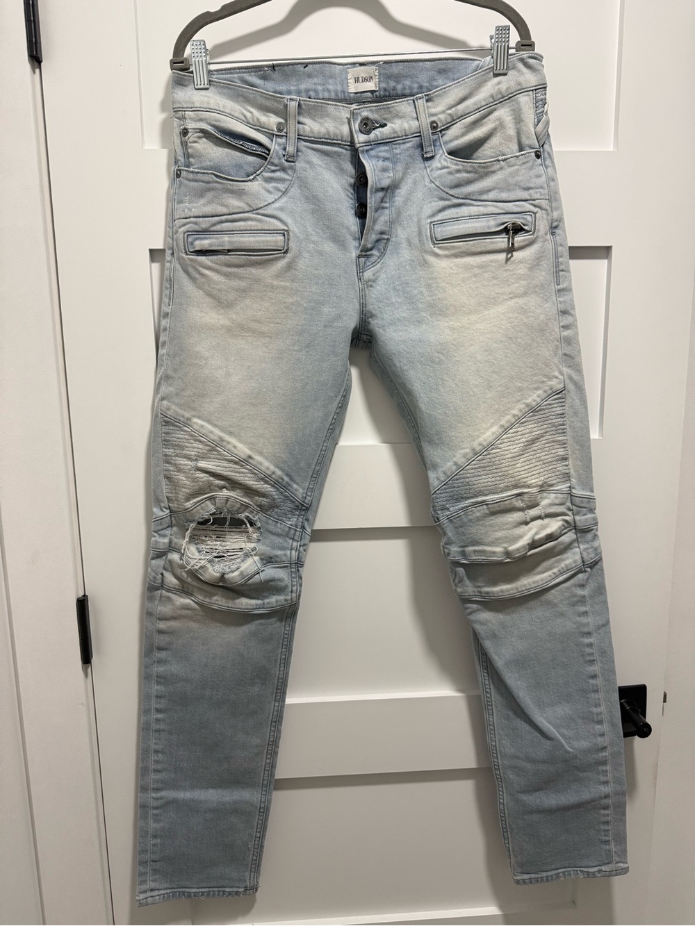Hudson Jeans Faded Light Blue Skinny Biker Jeans with Distressed Knees
